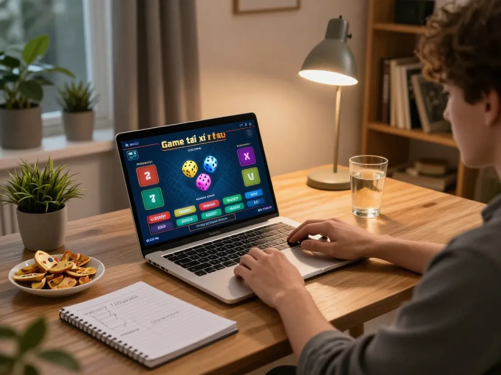 Engaging gameplay of Game tài xỉu online on a laptop at home, showcasing colorful betting interface.