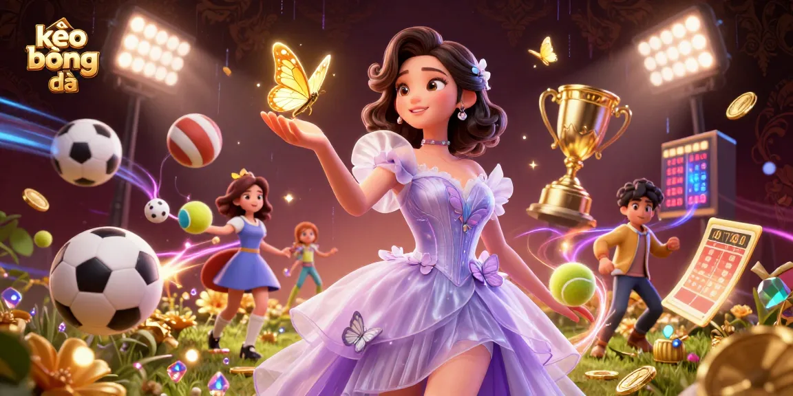 Bet on kèo bóng đá featuring stunning illustrations of sports balls and a beautiful promotional scene.