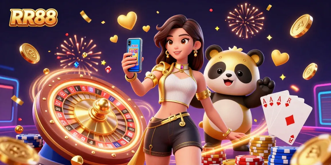 RR88 offers thrilling slot gaming experiences featuring golden coins, a smiling panda, and celebratory effects in an exciting 3D illustration.