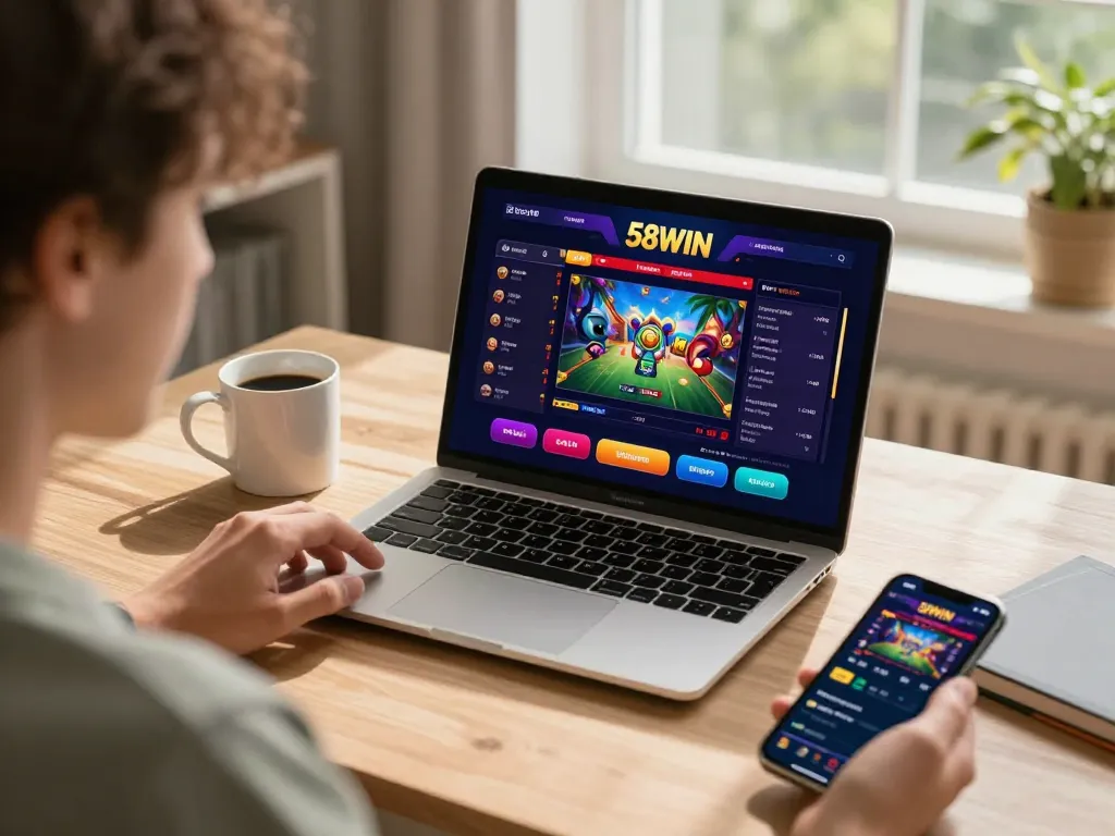 Experience the thrill of gaming on the 58win platform in a cozy home setting
