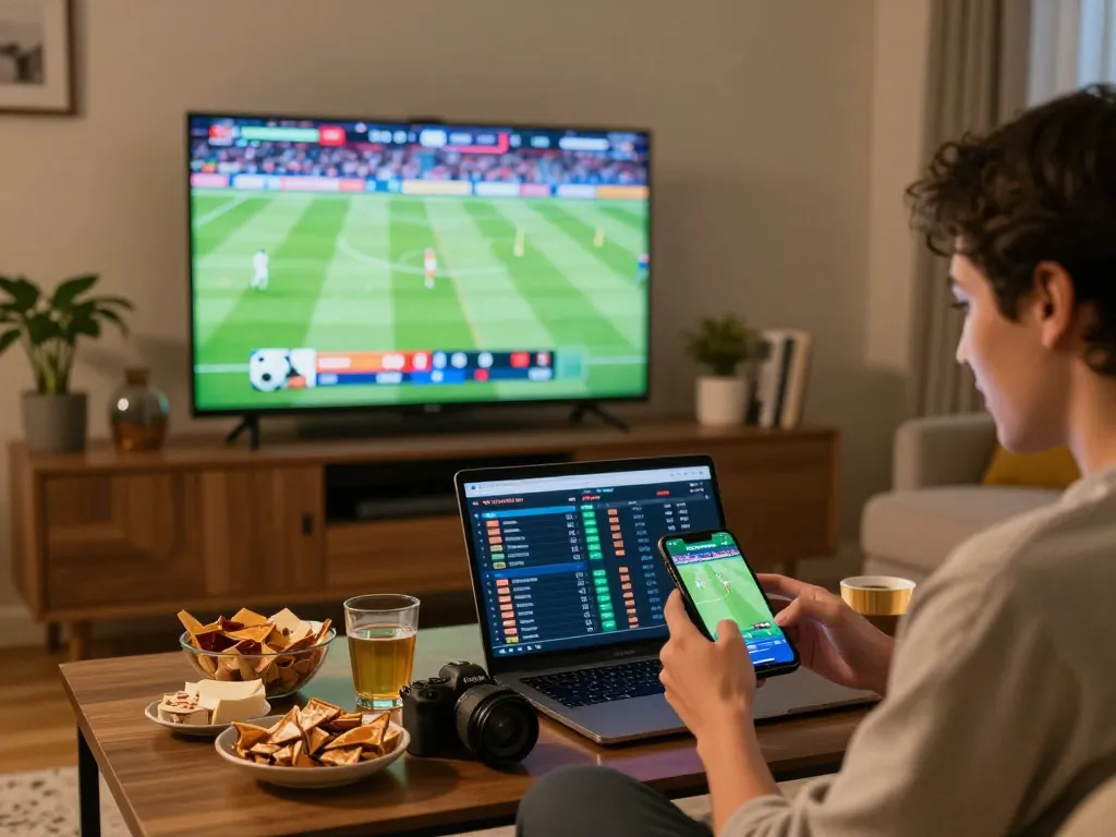Person placing bets on smartphone while watching live sports, highlighting tỷ lệ kèo nhà cái.