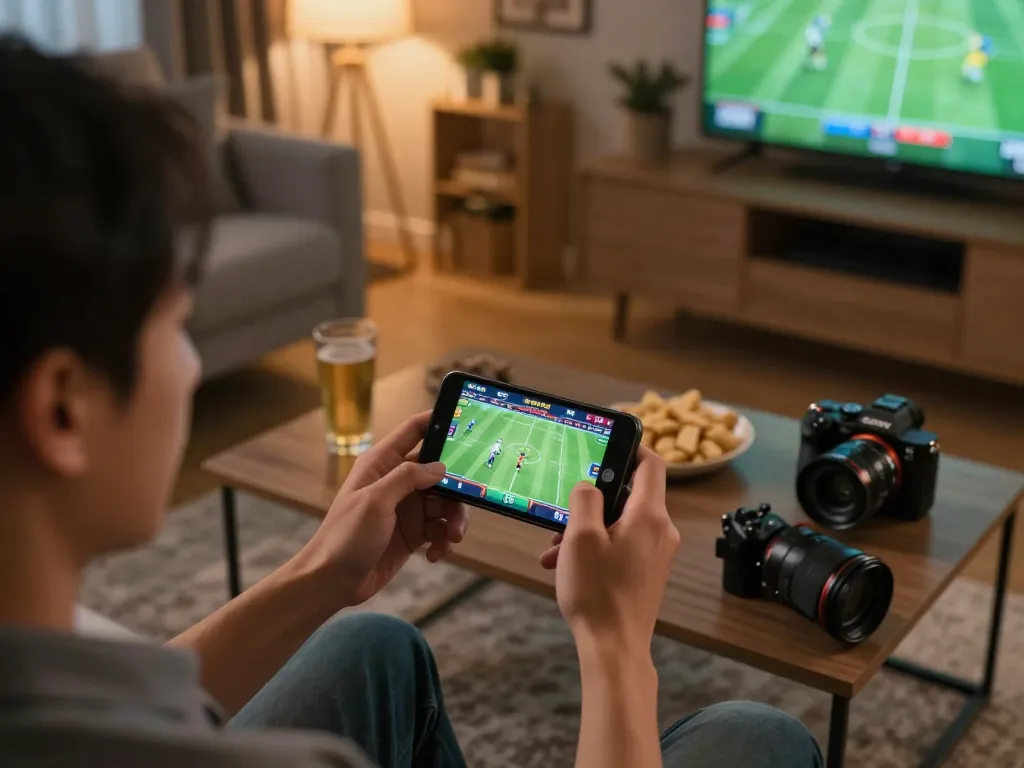 Betting enthusiast using smartphone to place bets on 678vip during an exciting sports game.