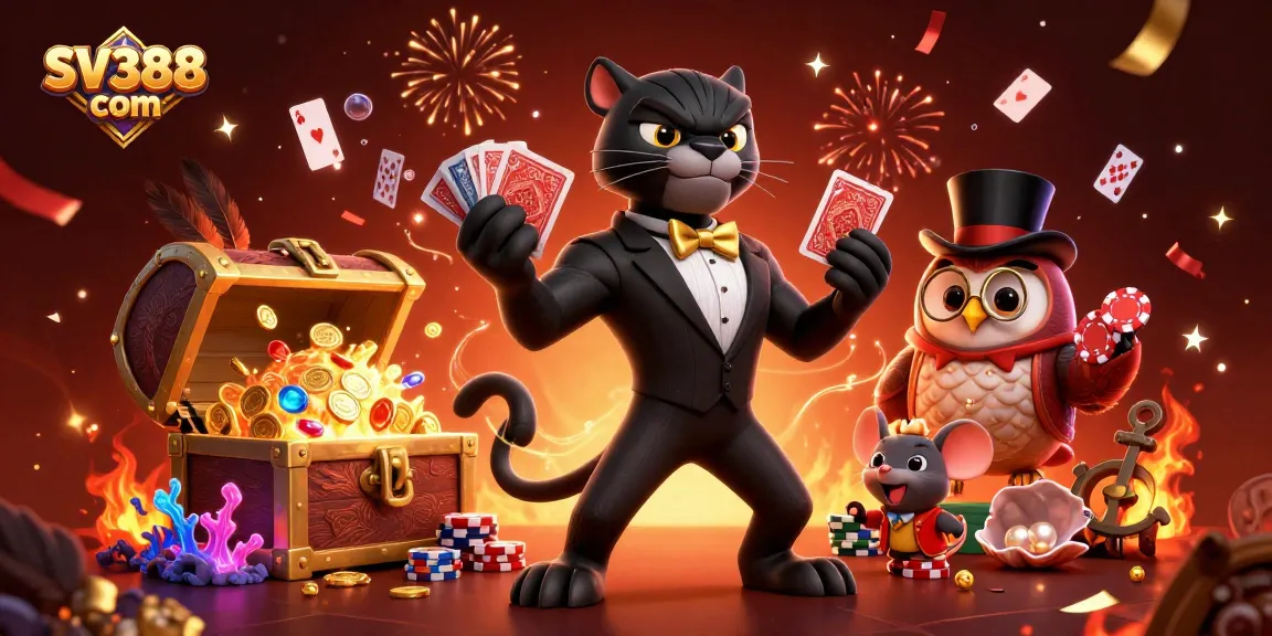 Experience the excitement at SV388 com with a thrilling 3D illustration featuring a stylish panther, owl, and lucky mouse in a vibrant casino setting.