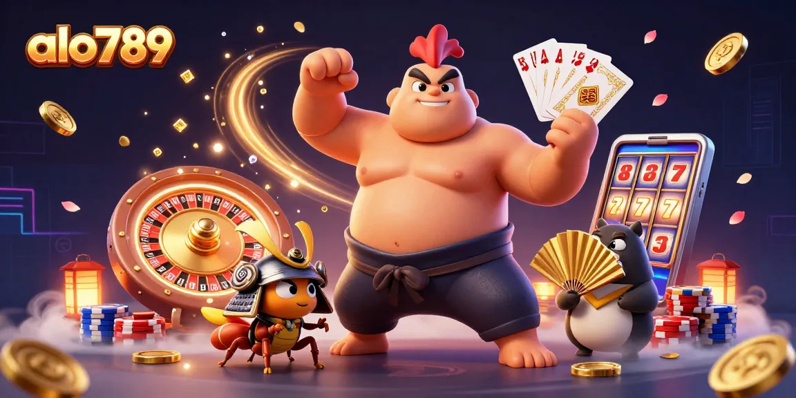 Alo789 showcases powerful sumo rooster and samurai cricket amid dynamic casino action.
