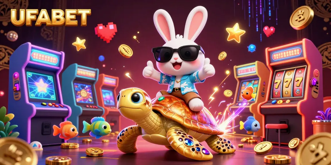 Exciting UFABET gameplay featuring a lucky rabbit and golden turtle in a colorful casino scene.