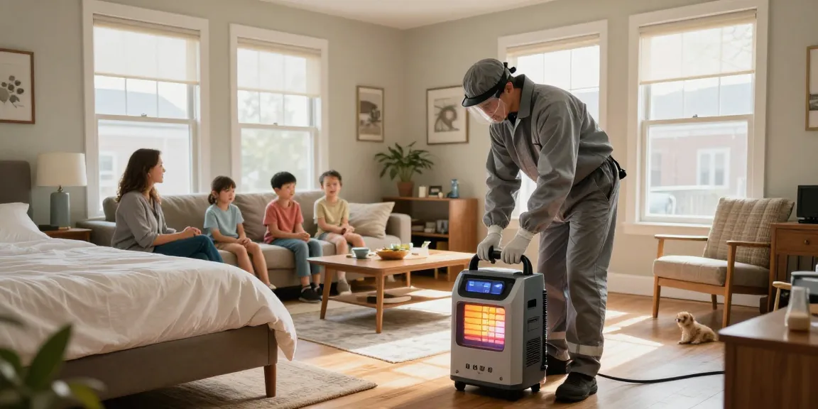 Bed bug heat treatment process conducted by a professional in a cozy Milwaukee home, ensuring effective pest elimination.