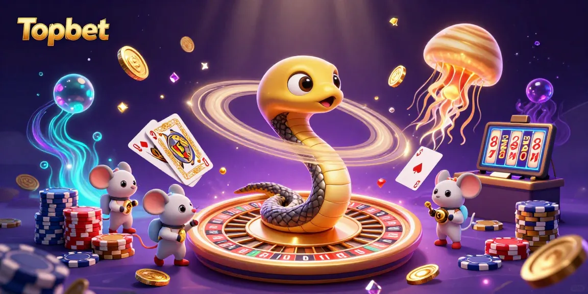 Engage in thrilling gaming with Topbet, showcasing cosmic characters around a roulette wheel.