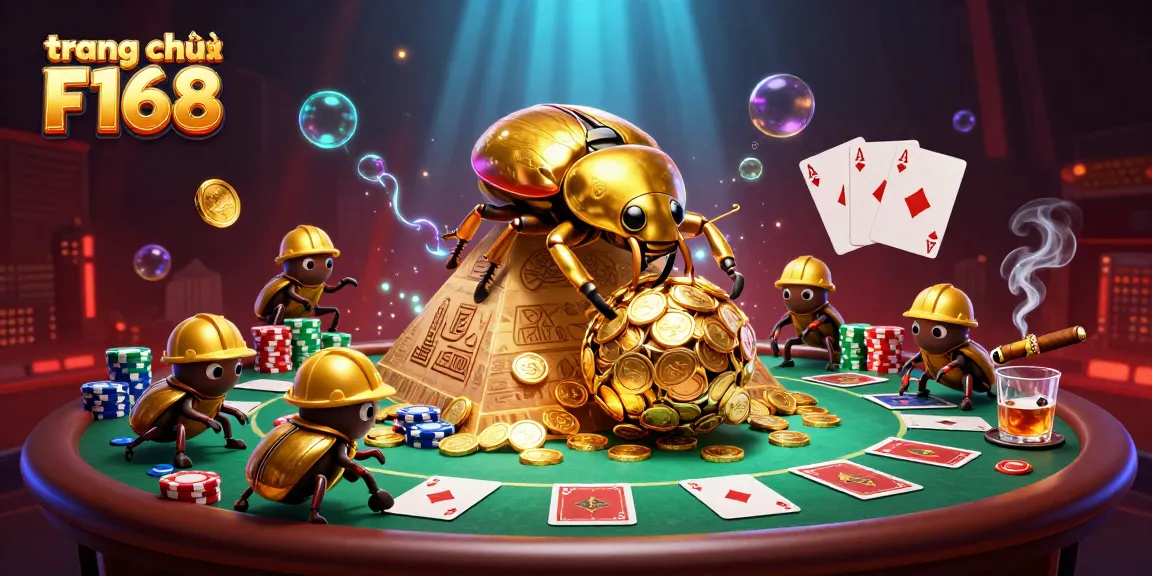 Engage with the vibrant action at trang chủ F168 featuring a golden dung beetle and poker elements.
