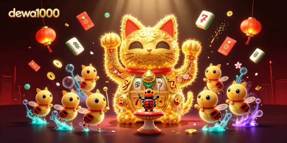 Engage with dewa1000 in an exhilarating casino adventure featuring a lucky cat and vibrant symbols.