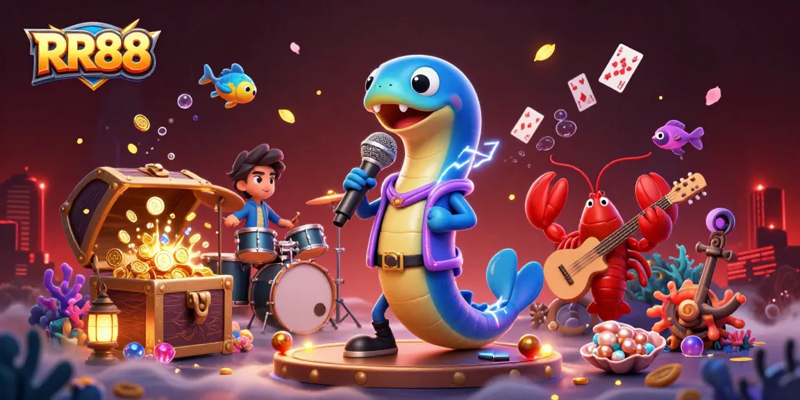 Experience the excitement of RR88 with a 3D underwater casino illustration filled with vibrant gaming elements.