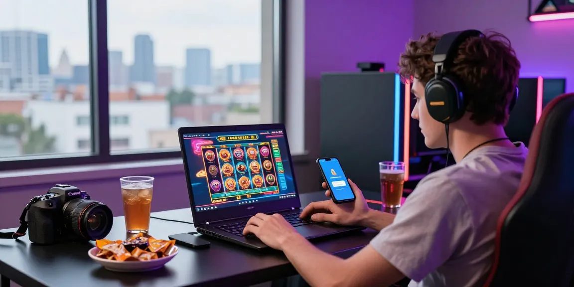 Engaging online gaming setup showcasing depo pulsa 10k tanpa potongan with vibrant laptop display and snacks.