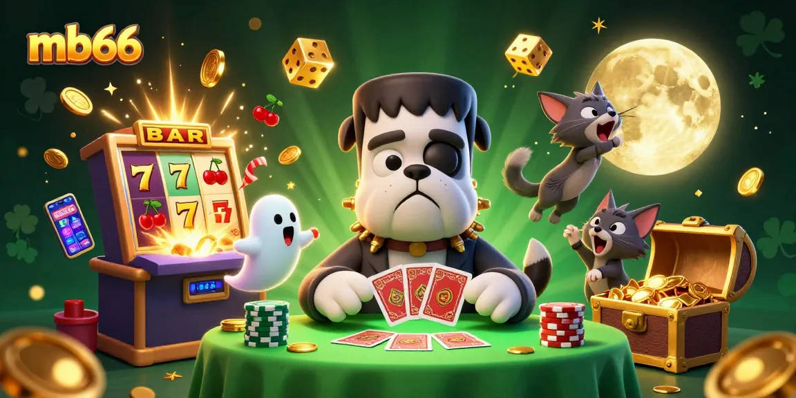 Engage with mb66 while the 3D cartoon Frankenstein bulldog deals cards at a vibrant casino table.