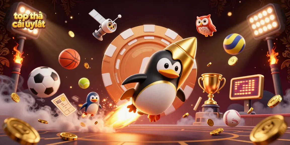 Engage in top nhà cái uy tín with a vibrant 3D scene featuring a golden penguin and casino-themed elements.