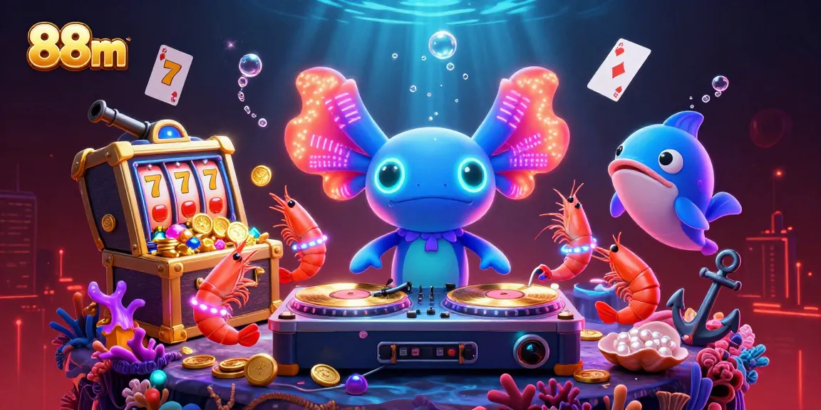 Experience the vibrant fun of 88m with a neon axolotl DJ and casino elements in an underwater scene.