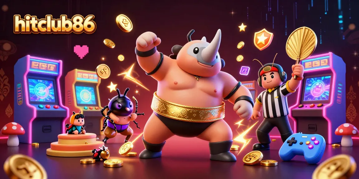 Hitclub86 invites players to enjoy vibrant casino games amid a lively scene of sumo beetles and game icons.
