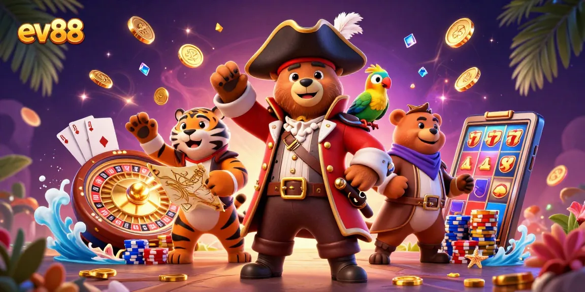 Experience exciting gaming action at ev88 with a dynamic 3D casino illustration featuring vibrant characters and gameplay elements.