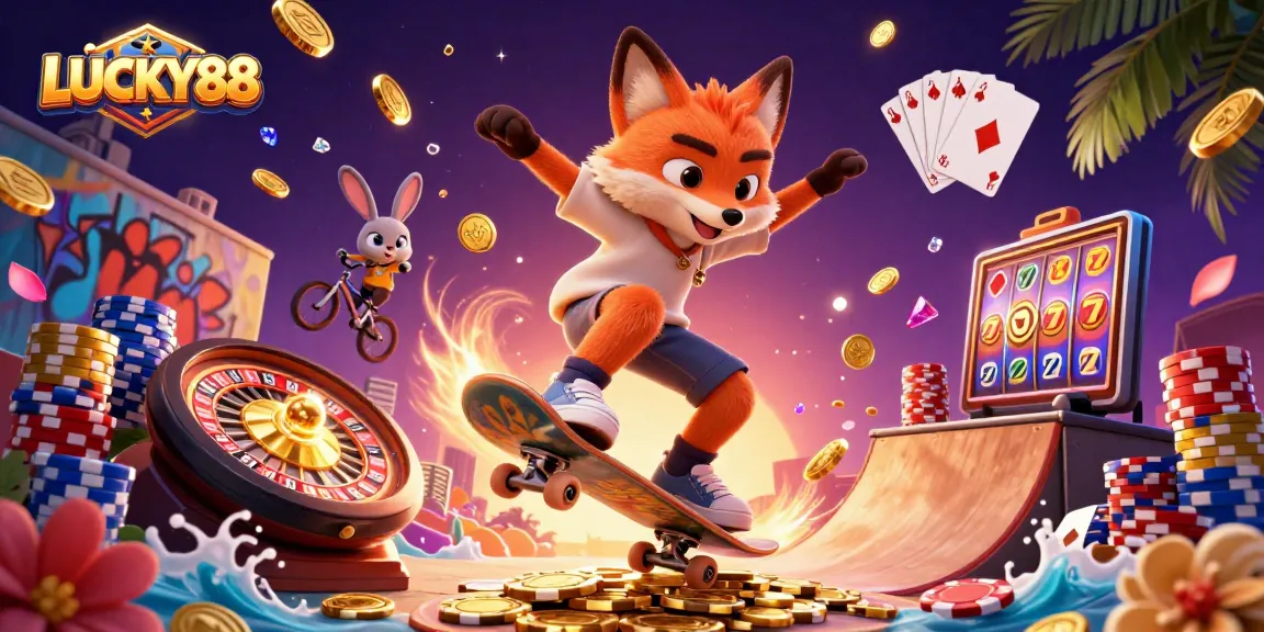 Experience the excitement of LUCKY88 with vibrant 3D casino characters and thrilling game elements.