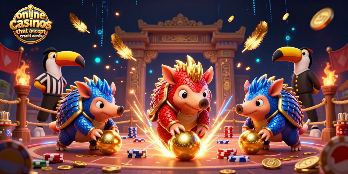 Engaging scene of online casinos that accept credit cards with animated pangolins bowling through poker chips.