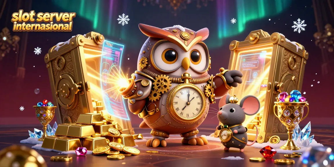 Engage with the slot server internasional theme through a dynamic scene featuring a time-traveling owl and rich casino elements.