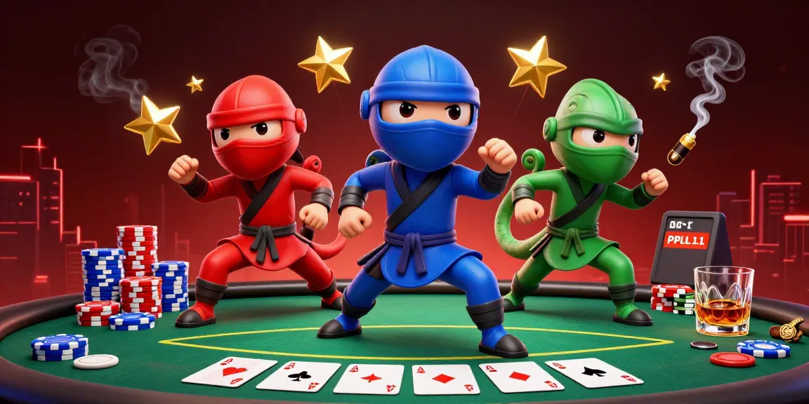 Join the action at Nhà cái O8 with ninja chameleons mastering poker moves on a vibrant rooftop.