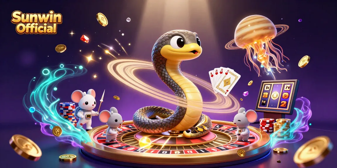 Engaging scene showcasing Sunwin Official with a 3D Saturn ring snake roulette, astronaut mice betting, and dazzling casino elements.