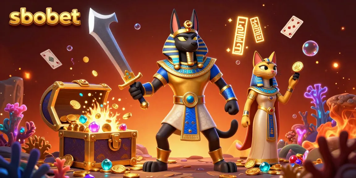 Experience sbobet's vibrant gameplay in this engaging scene of Anubis and Bastet surrounded by treasure and floating cards.