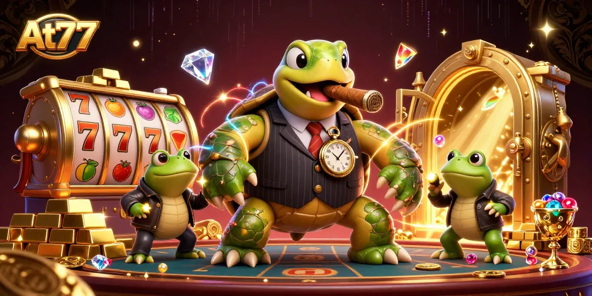 Engage in thrilling gaming with At77's vibrant 3D illustration showcasing lively characters and casino elements.