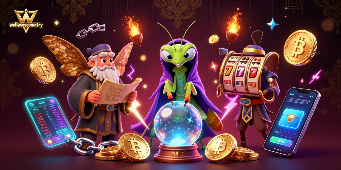 Engage with wallaseycemetery's captivating 3D illustration showcasing a mystical fortune teller promoting slots and crypto.