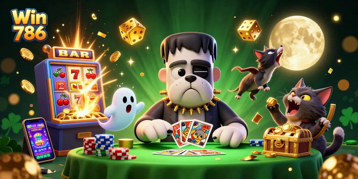 Win 786 casino scene with a Frankenstein bulldog, ghost mouse, and werewolf kitten enjoying vibrant gameplay.