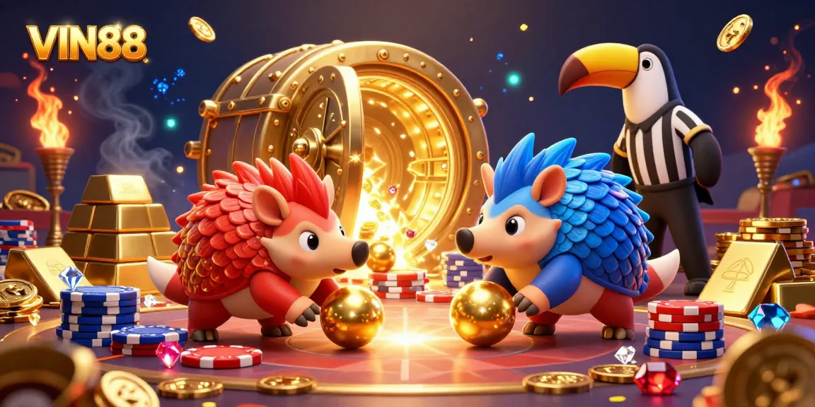 Experience thrilling action at VIN88 as rival pangolins engage in a dynamic game of poker amidst treasures.