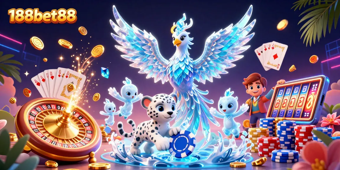 Engage with vibrant 188bet88 casino scene featuring an ice phoenix, a snow leopard cub, and glowing sprites amidst casino elements.