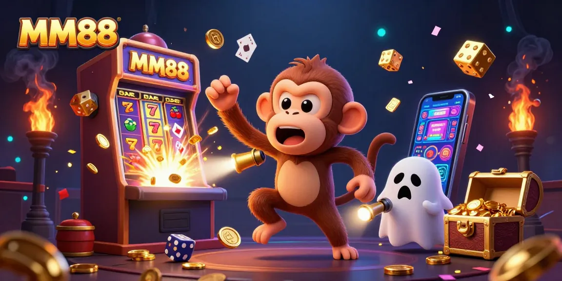 Experience thrilling adventures at MM88 Casino with a ghost-hunter puppy tracking a mischievous monkey juggling golden tokens.
