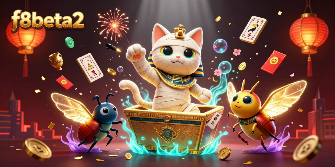 Experience f8beta2 in a vibrant, action-packed casino scene featuring a mummy cat and glowing elements.