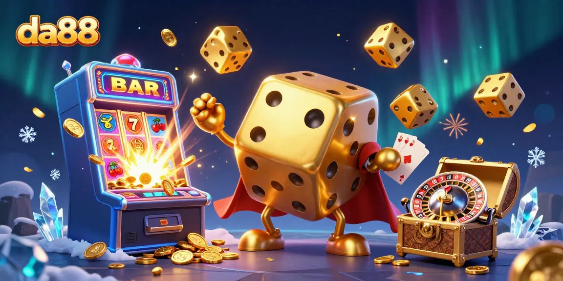 Join the excitement at da88 with a dynamic casino scene featuring golden dice and slot machines.