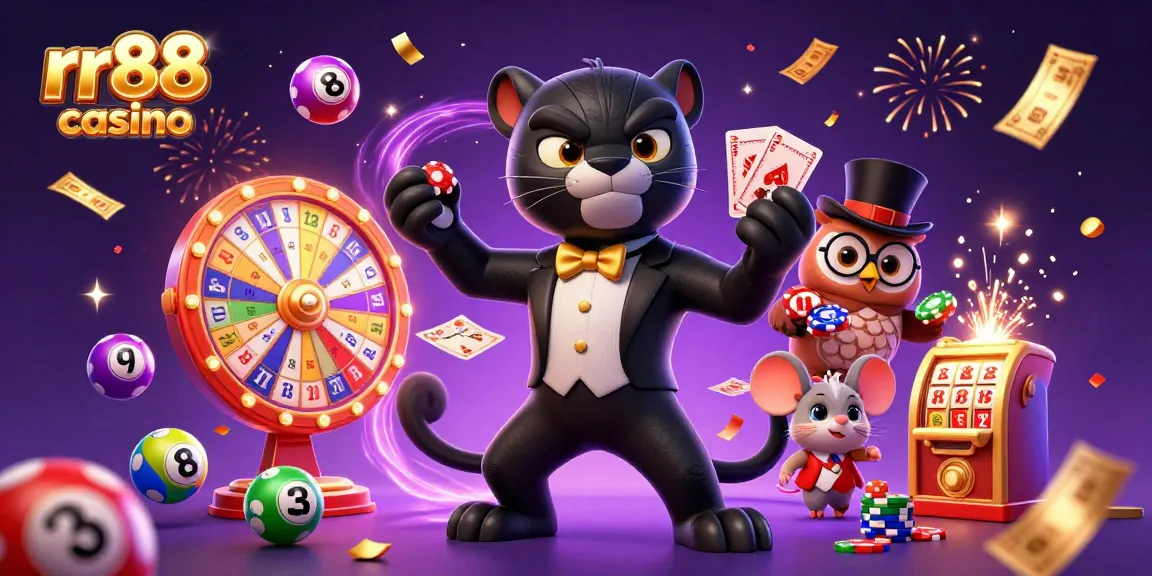 Experience the excitement of rr88 casino with a stylish panther dealer, owl, and lucky mouse.