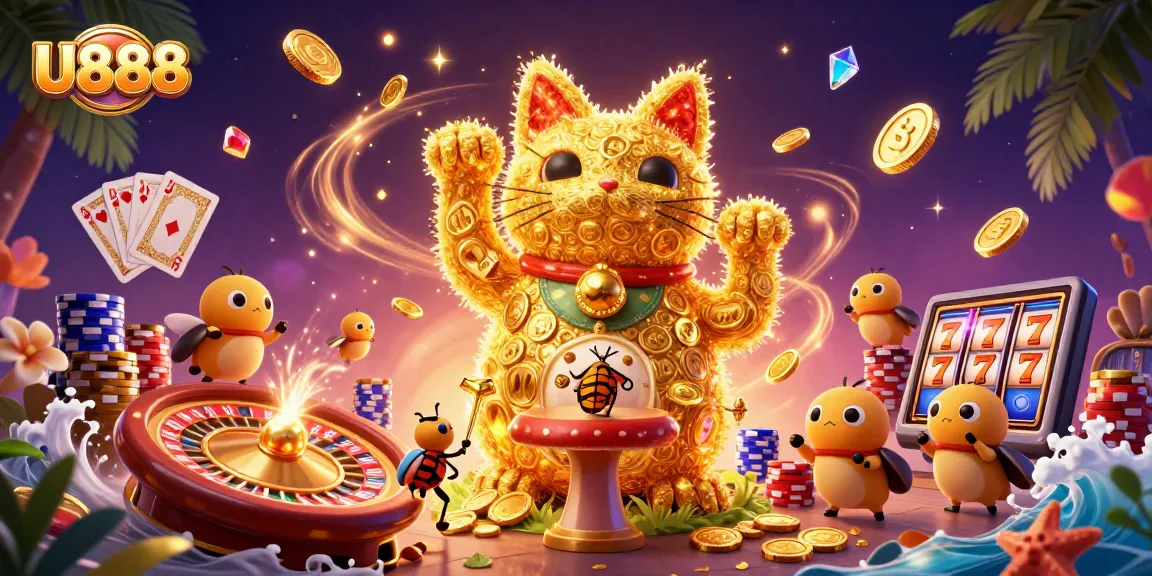 A vibrant illustration showcasing U888, the top gambling platform, with a dynamic lucky cat symbol and casino elements.