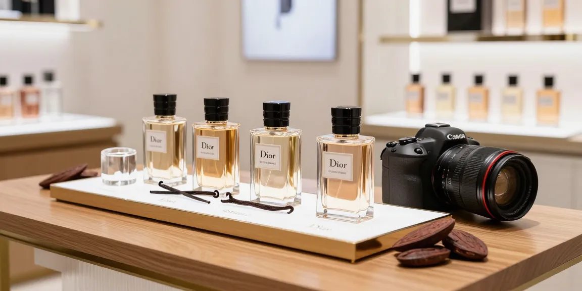 Dior Vanilla Diorama perfume samples elegantly displayed in a luxury boutique, highlighting rich cocoa and vanilla notes.